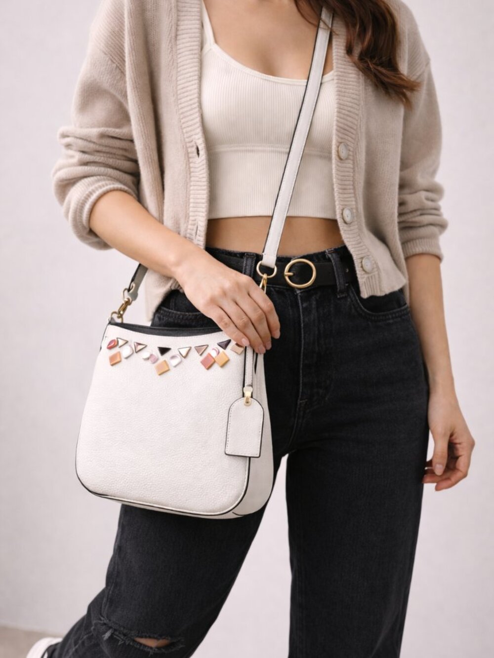 Kate Spade White Pebbled Leather Geometric Studded Crossbody Bag Navy‎ Trim
